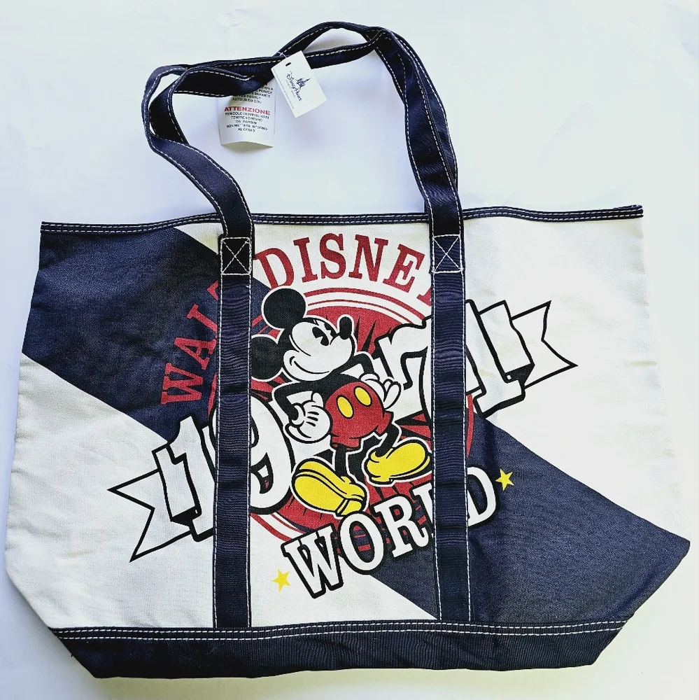 Disney Parks Tote Bag Disney World Mickey Mouse 1971 Cream Blue Canvas